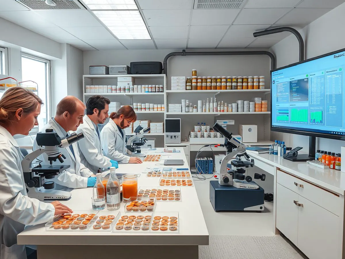 微生物菌剂研发实验室，研究人员正在观察培养皿
