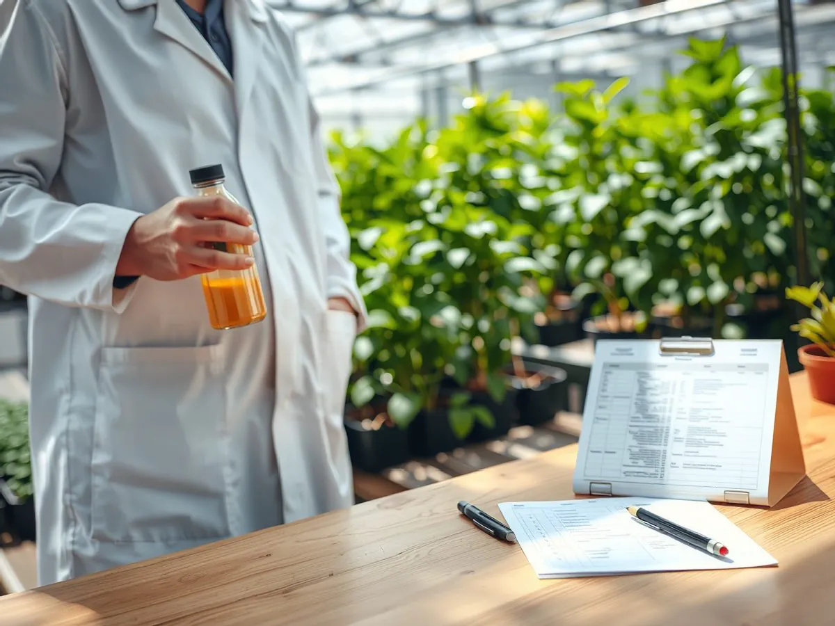名德生物科技品质提升营养液服务场景,技术人员在温室中展示产品并核对工作单
